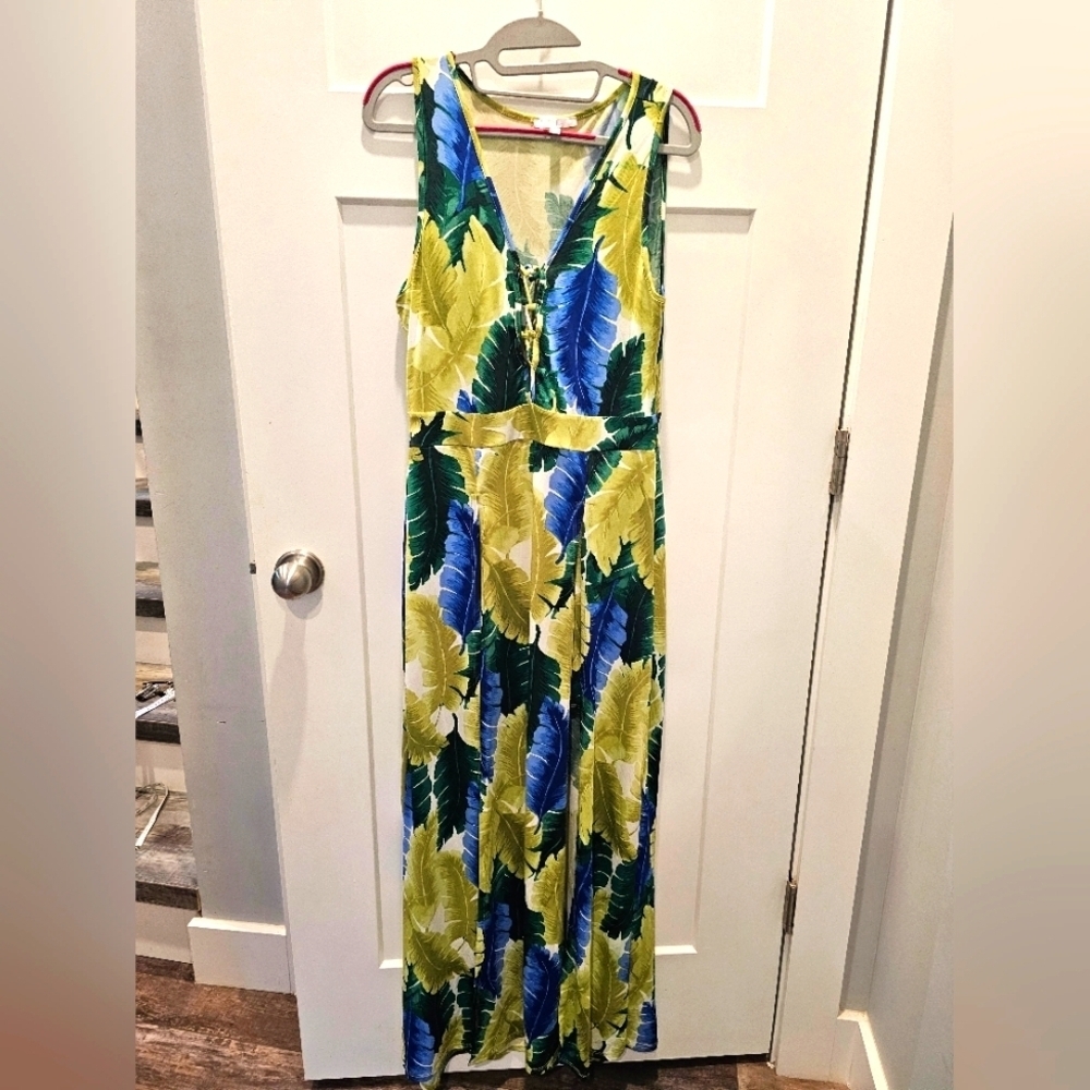 Iris Tropical Leaf Print Maxi Dress Lace-Up V-Neck Size Large